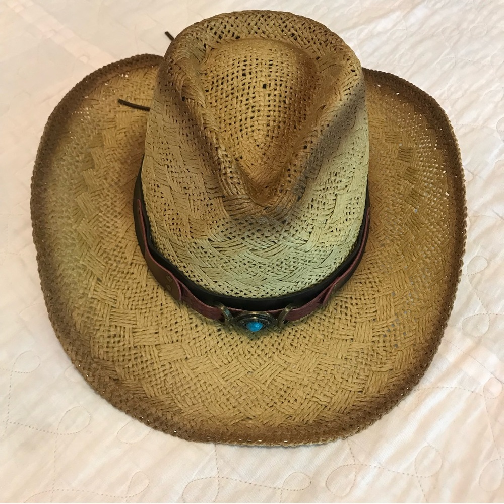 Livingstone cowgirl hat, tan with turquoise colored stone on band NWT